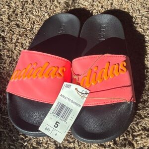 adidas Kids Slide Sandals in Coral Strap and Black Footbed